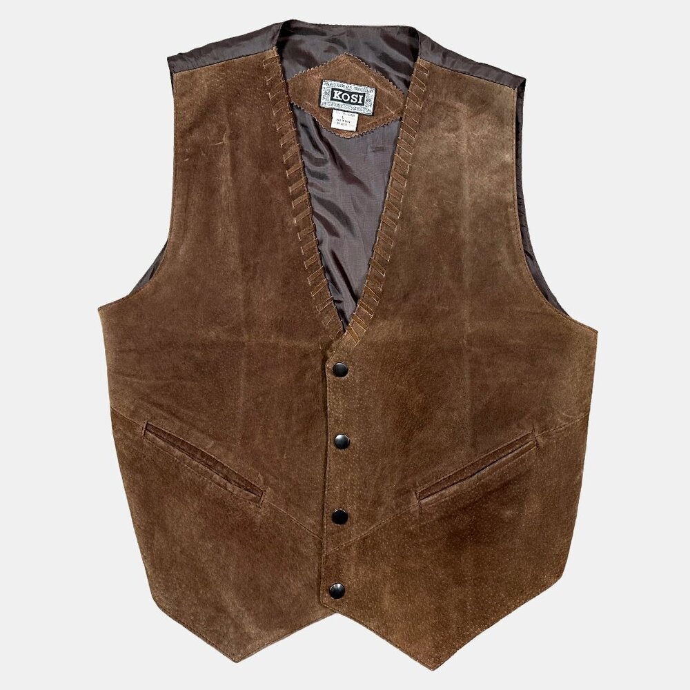 Vintage Kosi Brown Leather Vest Sz Large Southwest Western 90s Snap Front